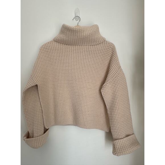 Free People Chunky Waffle Knit Turtleneck Oversized Cropped Sweater in Cream, XS - Picture 2 of 8